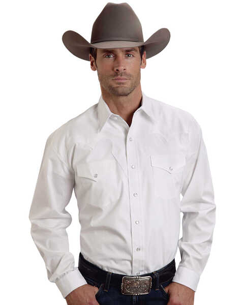 Image #1 - Stetson Men's White Solid Long Sleeve Western Shirt , White, hi-res