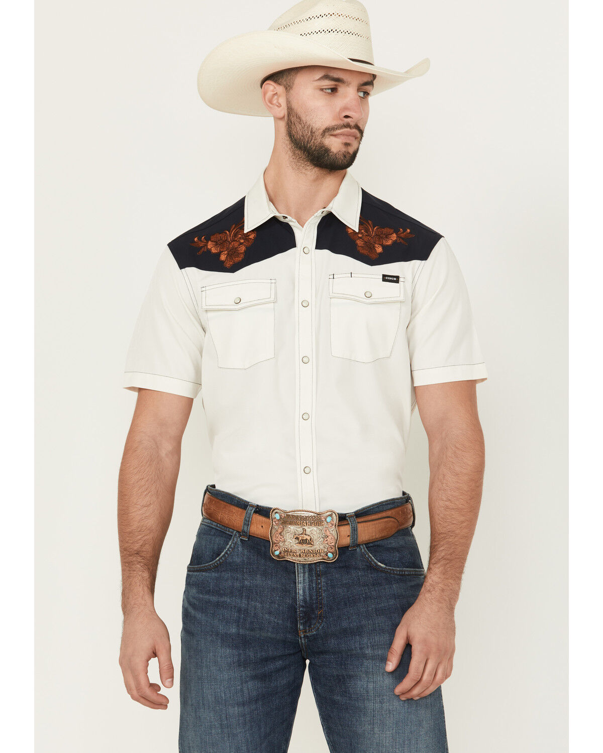Image #1 - Cinch Men's Embroidered Flowers Short Sleeve Snap Western Shirt, Cream, hi-res