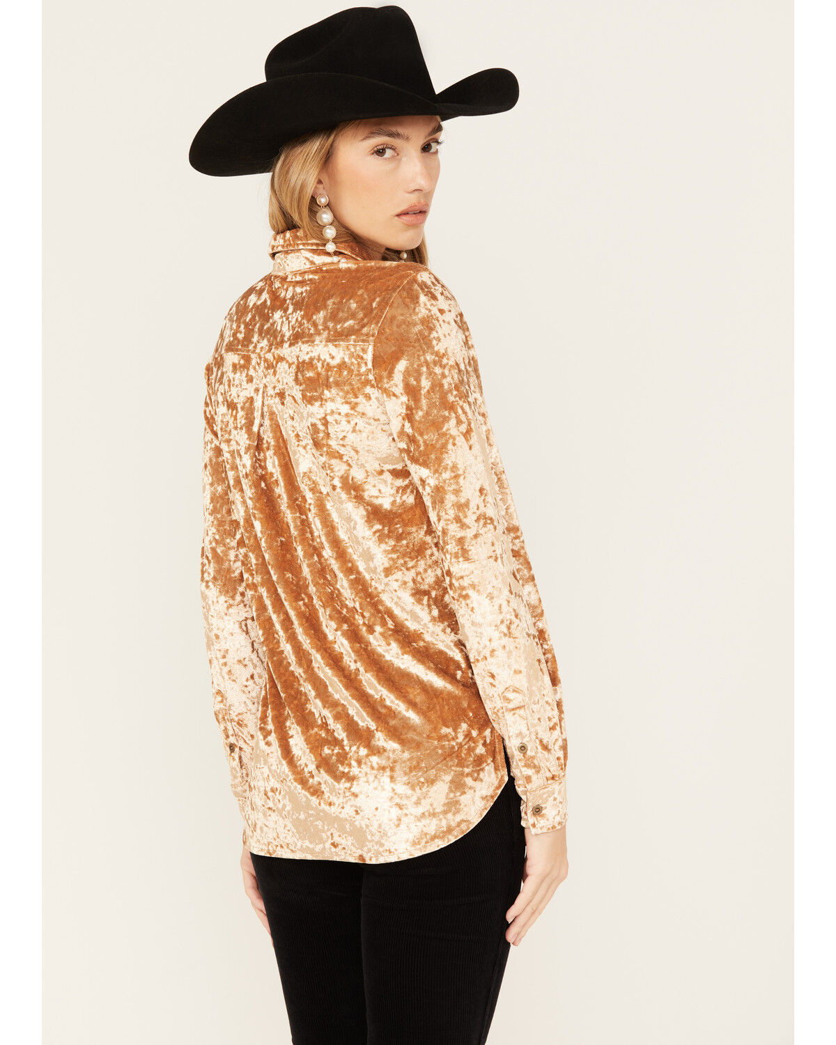 Image #4 - Rock & Roll Denim Women's Velvet Long Sleeve Button-Down Shirt, Tan, hi-res