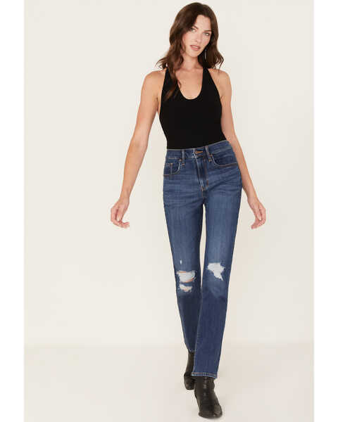 Image #1 - Levi's Women's 724 Dark Wash High Rise Distressed Straight Jeans, Blue, hi-res