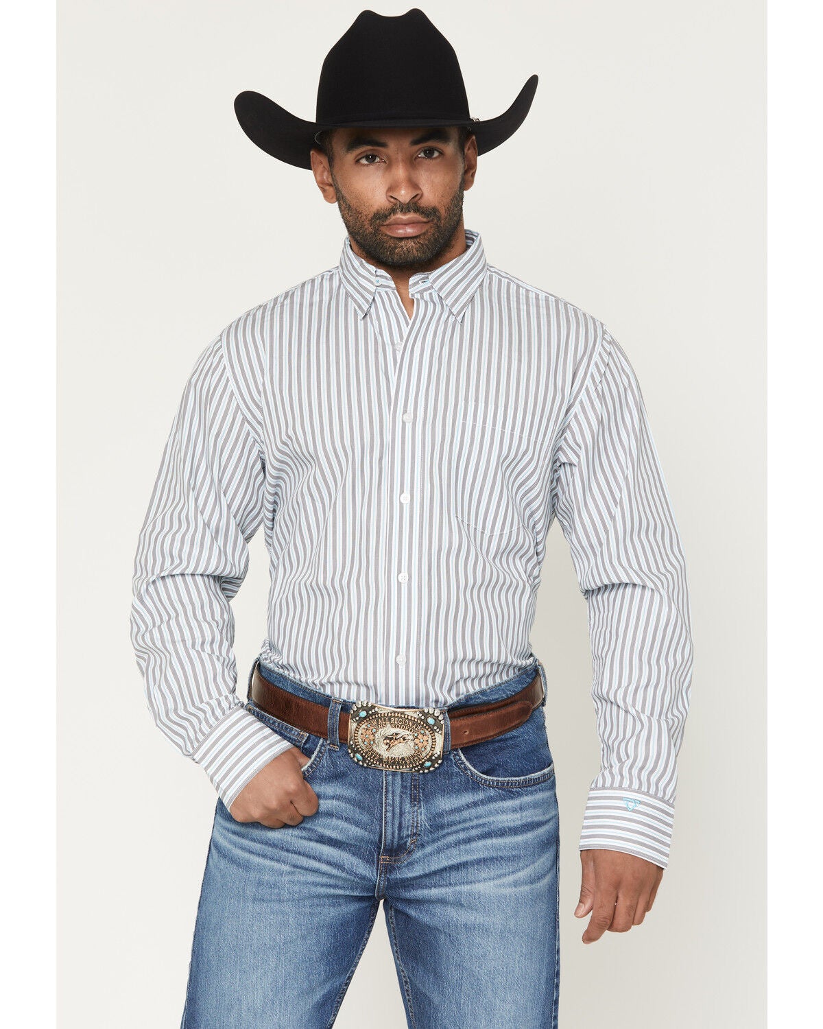 Wrangler X Cody Johnson Men's Striped Print Long Sleeve Button-Down Western Shirt, White, hi-res