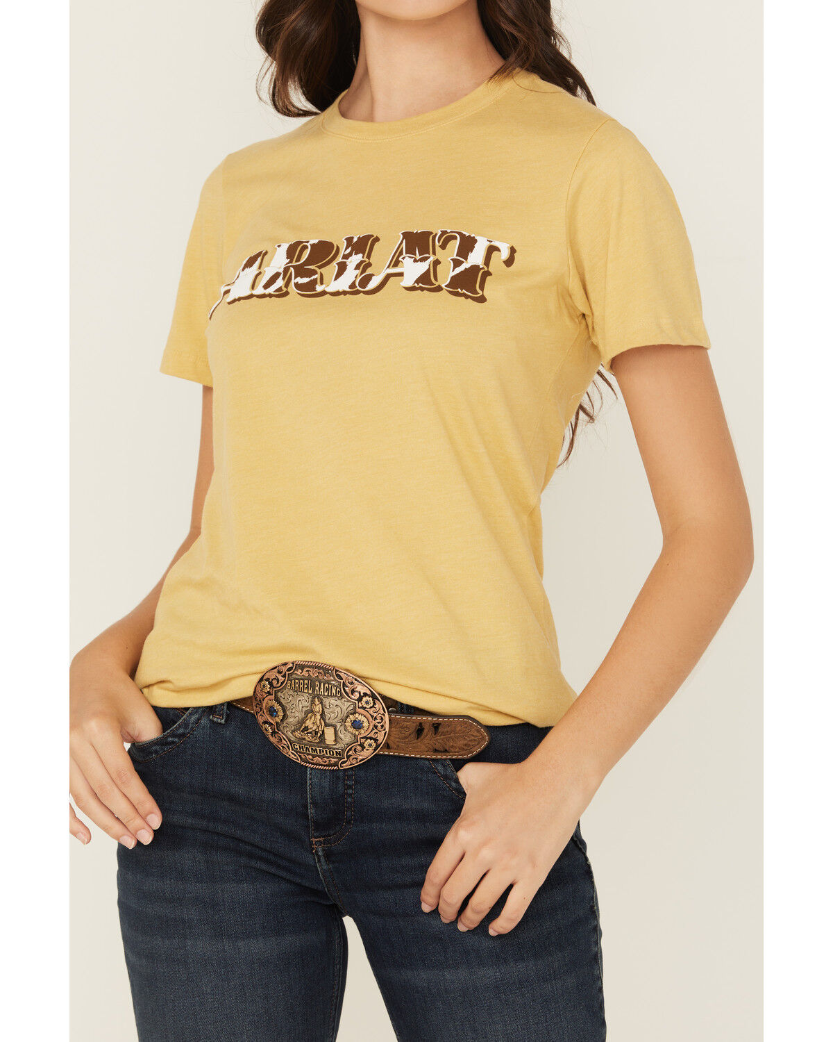 Image #3 - Ariat Women's Boot Barn Exclusive Cow Print Logo Short Sleeve Graphic Tee, Mustard, hi-res