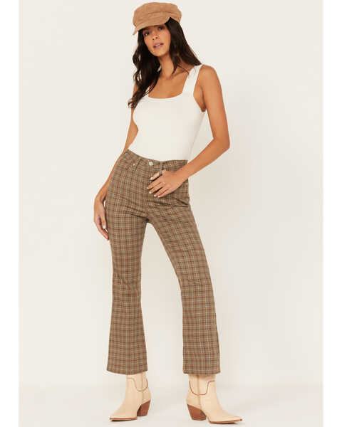 Cleo + Wolf Women's High Rise Plaid Print Flare Jeans, Brown, hi-res