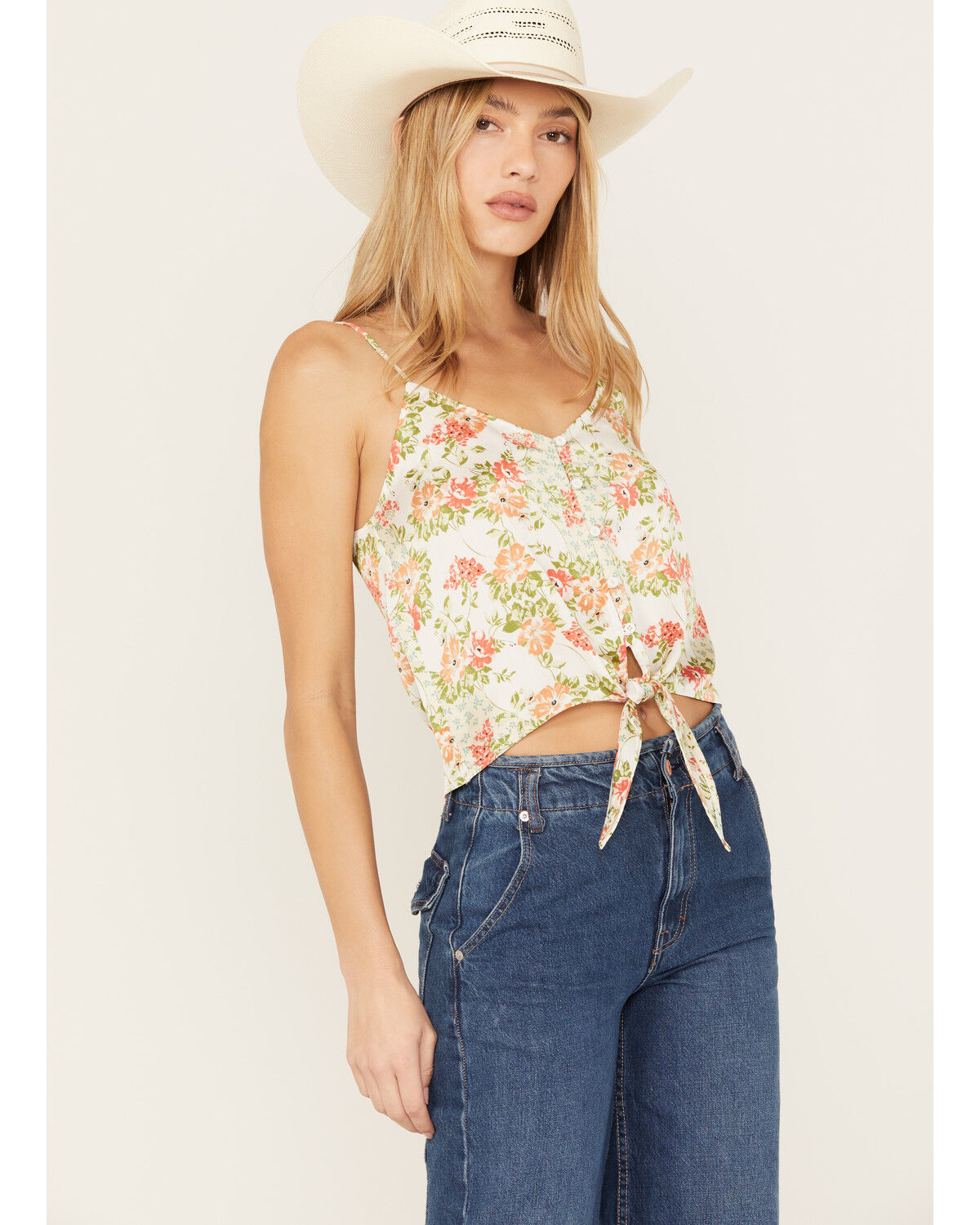 Image #2 - En Creme Women's Floral Print Tie Front Sleeveless Top, Ivory, hi-res