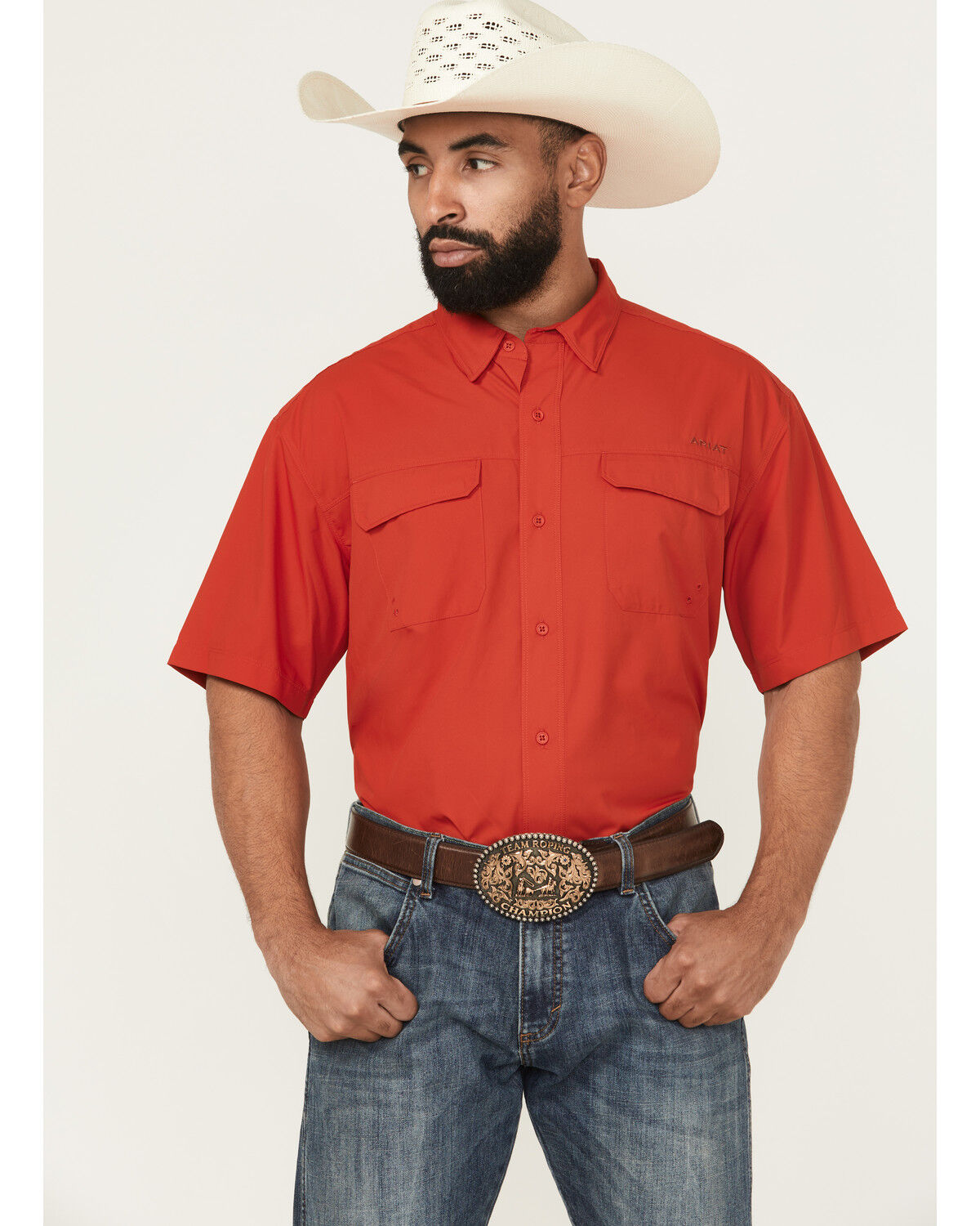 Image #1 - Ariat Men's VenTek Outbound Solid Short Sleeve Button-Down Western Shirt, Red, hi-res
