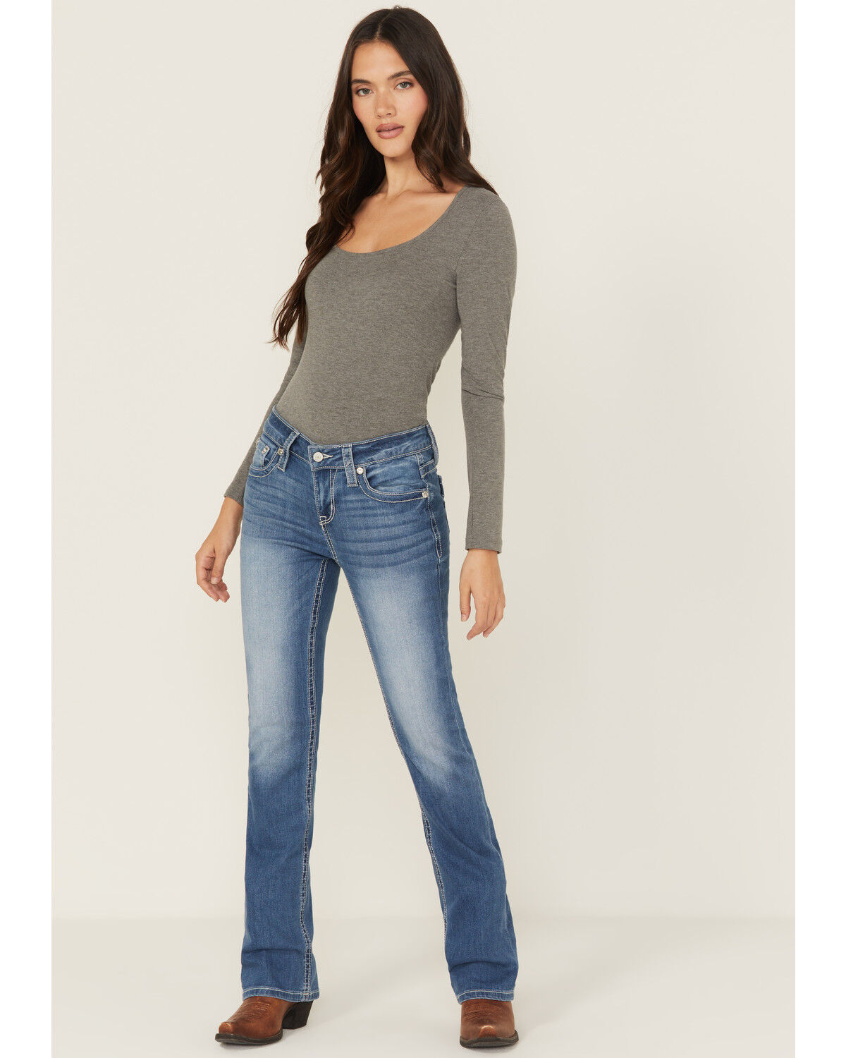 Image #2 - Shyanne Mid Rise Medium Wash Bootcut Wing Faux Flap Stretch Denim Jeans, Medium Wash, hi-res