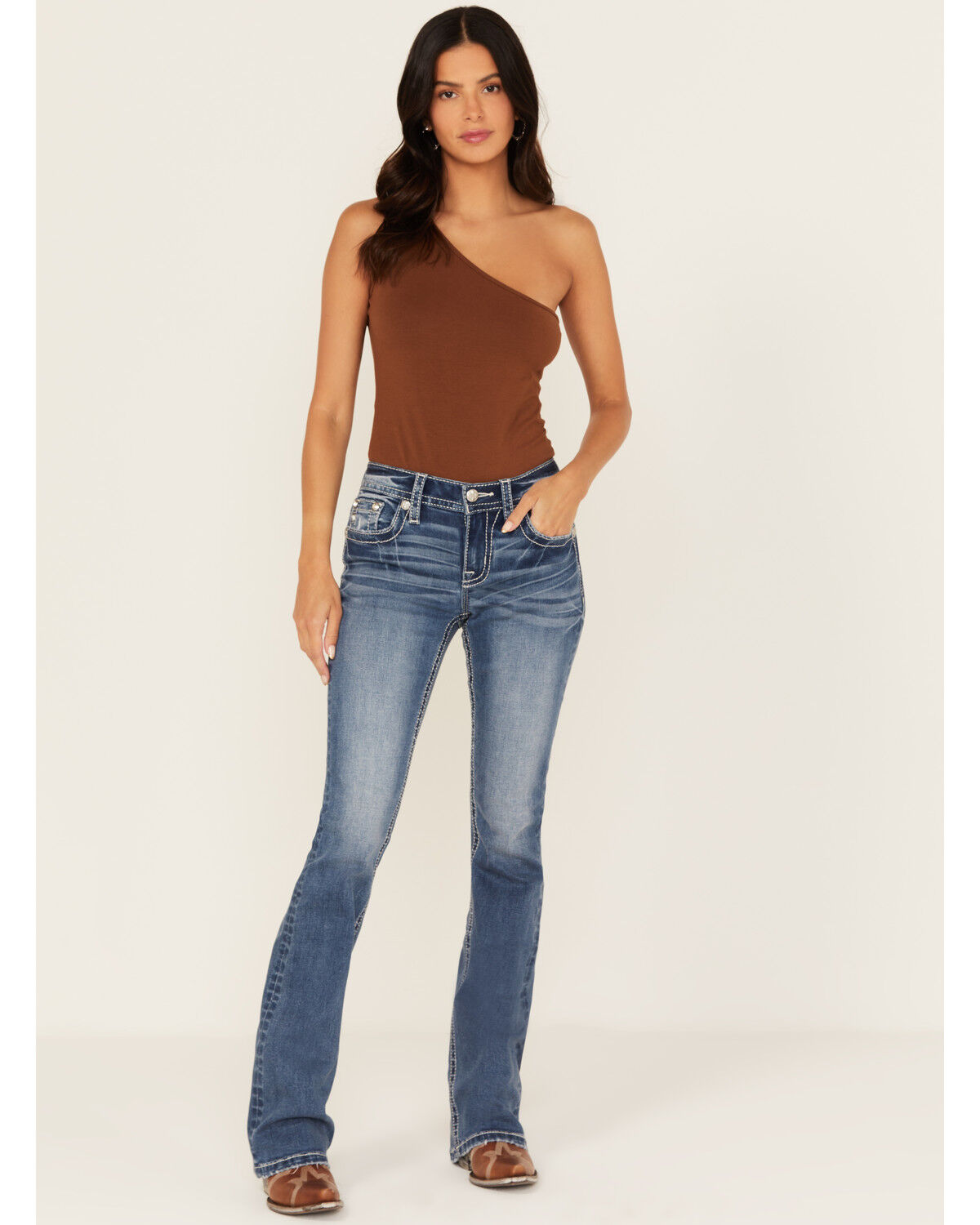 Image #3 - Miss Me Women's Medium Wash Mid Rise Fleur de Lis Pocket Bootcut Stretch Denim Jeans, Medium Wash, hi-res