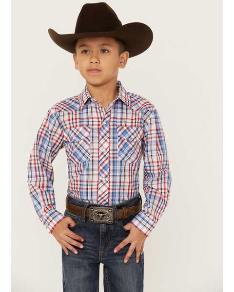 Image #1 - Roper Boys' Classic Plaid Print Long Sleeve Western Pearl Snap Shirt, Red, hi-res