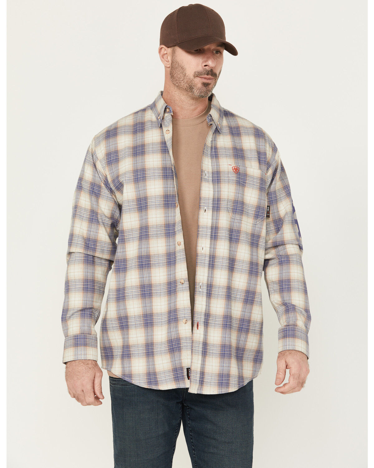 Image #1 - Ariat Men's FR Crenshaw Logo Plaid Print Long Sleeve Button-Down Work Shirt, Grey, hi-res