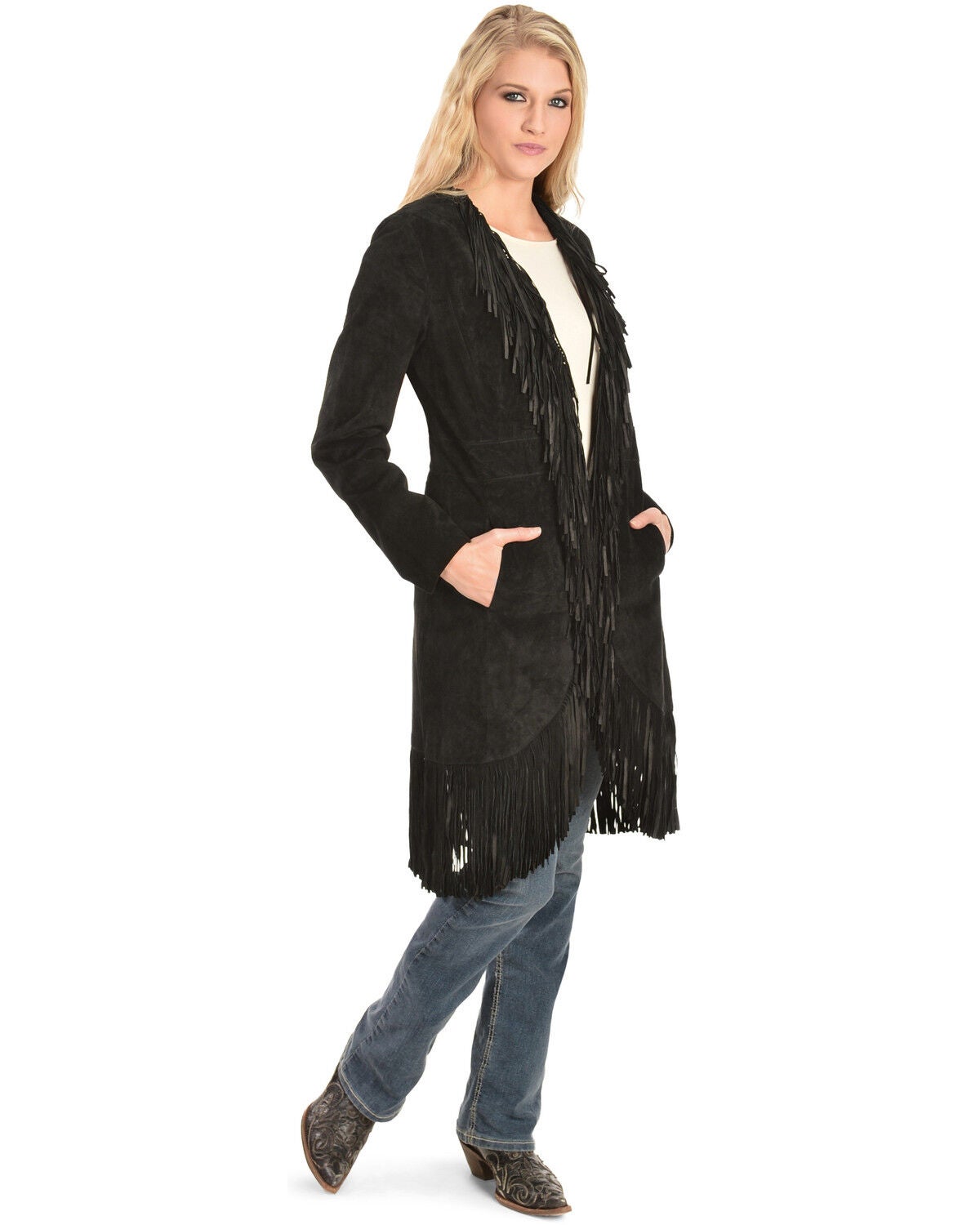 Scully Women's Boar Suede Fringed Maxi Coat, Black, hi-res