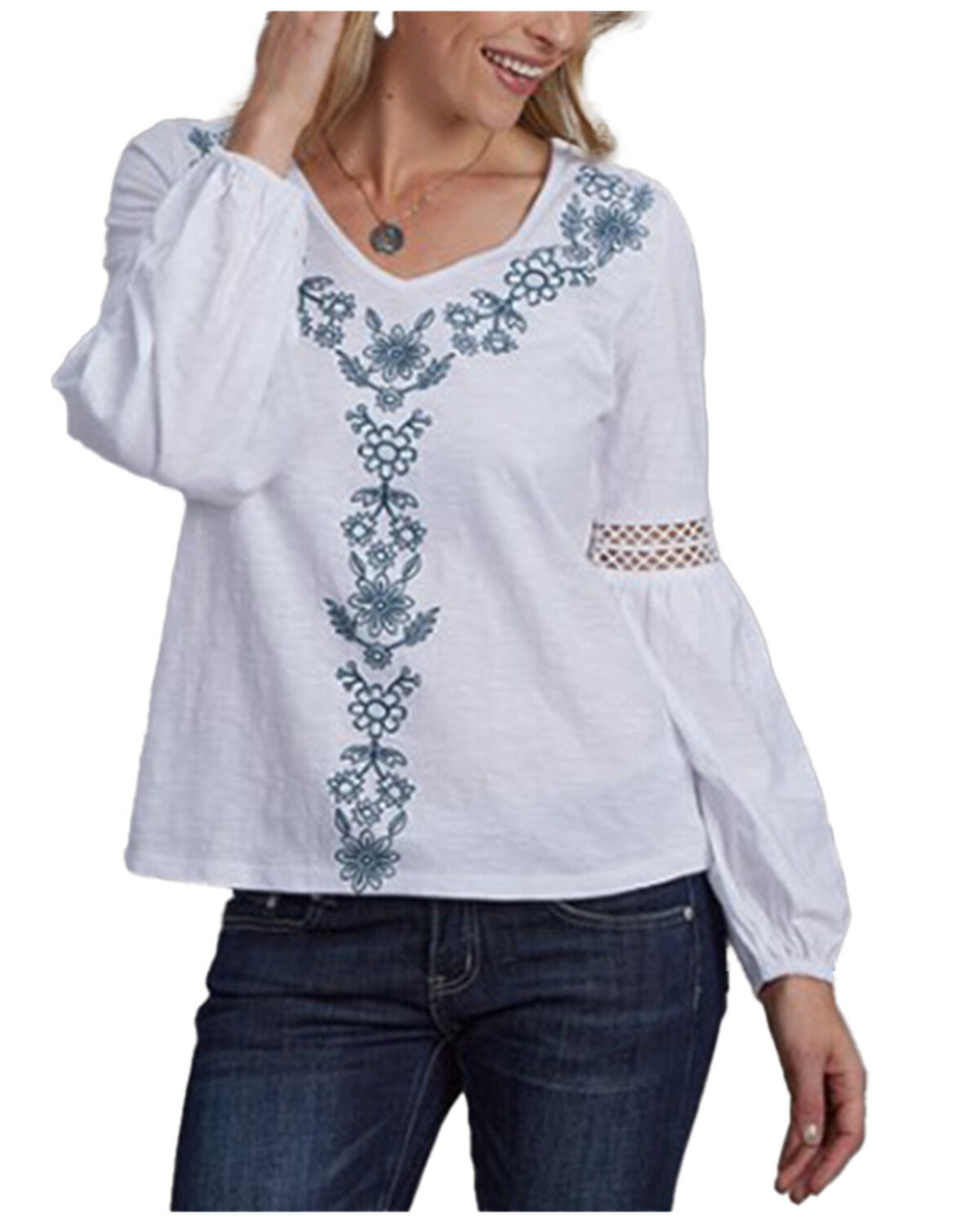 Image #1 - Roper Women's Floral Embroidered Long Sleeve Top, White, hi-res