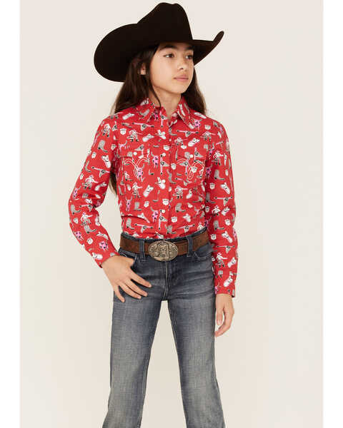 Panhandle Girls' Cowboy Steer Print Long Sleeve Western Snap Shirt, Red, hi-res