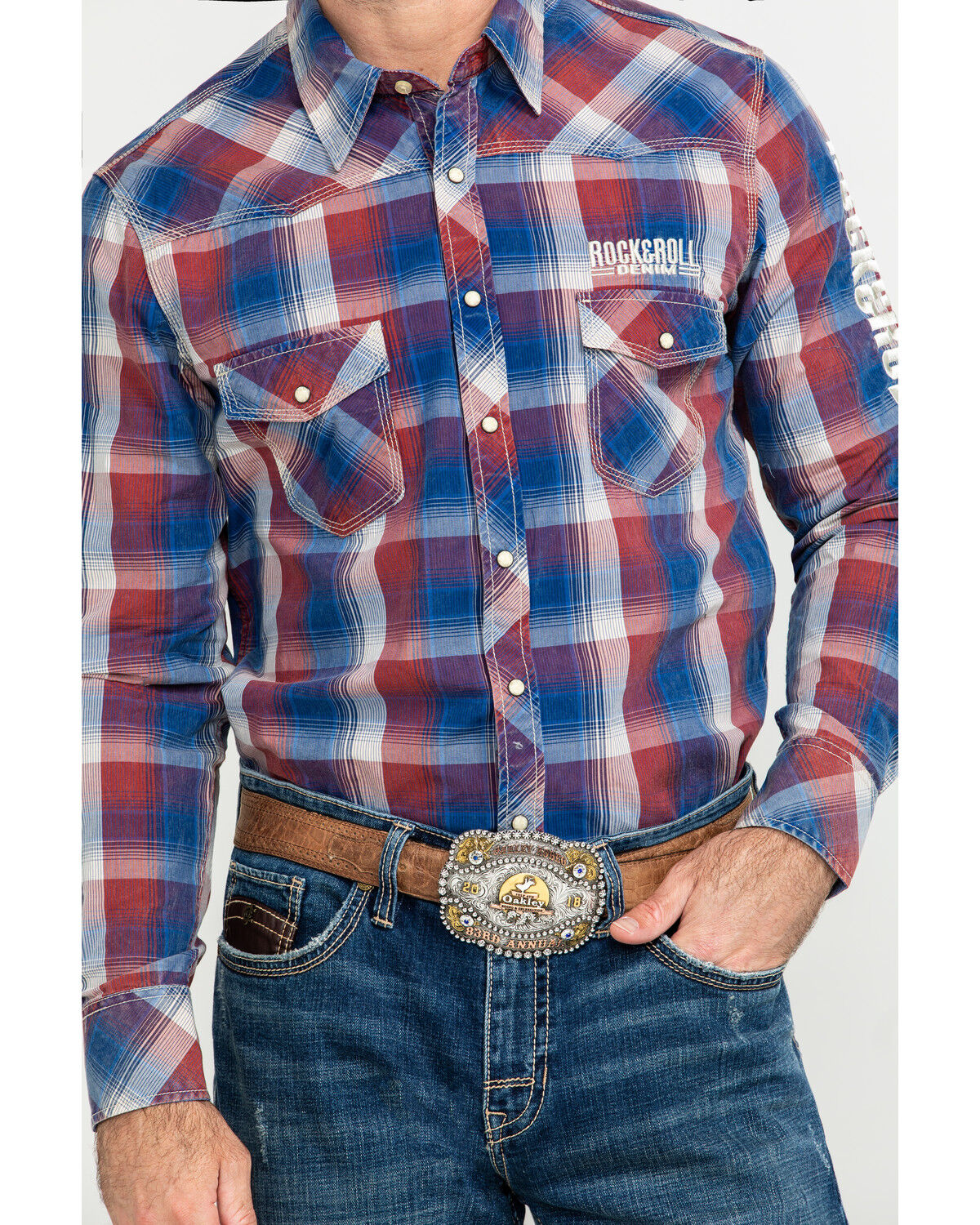 Image #4 - Rock & Roll Denim Men's Plaid Logo Long Sleeve Western Shirt, Red, hi-res