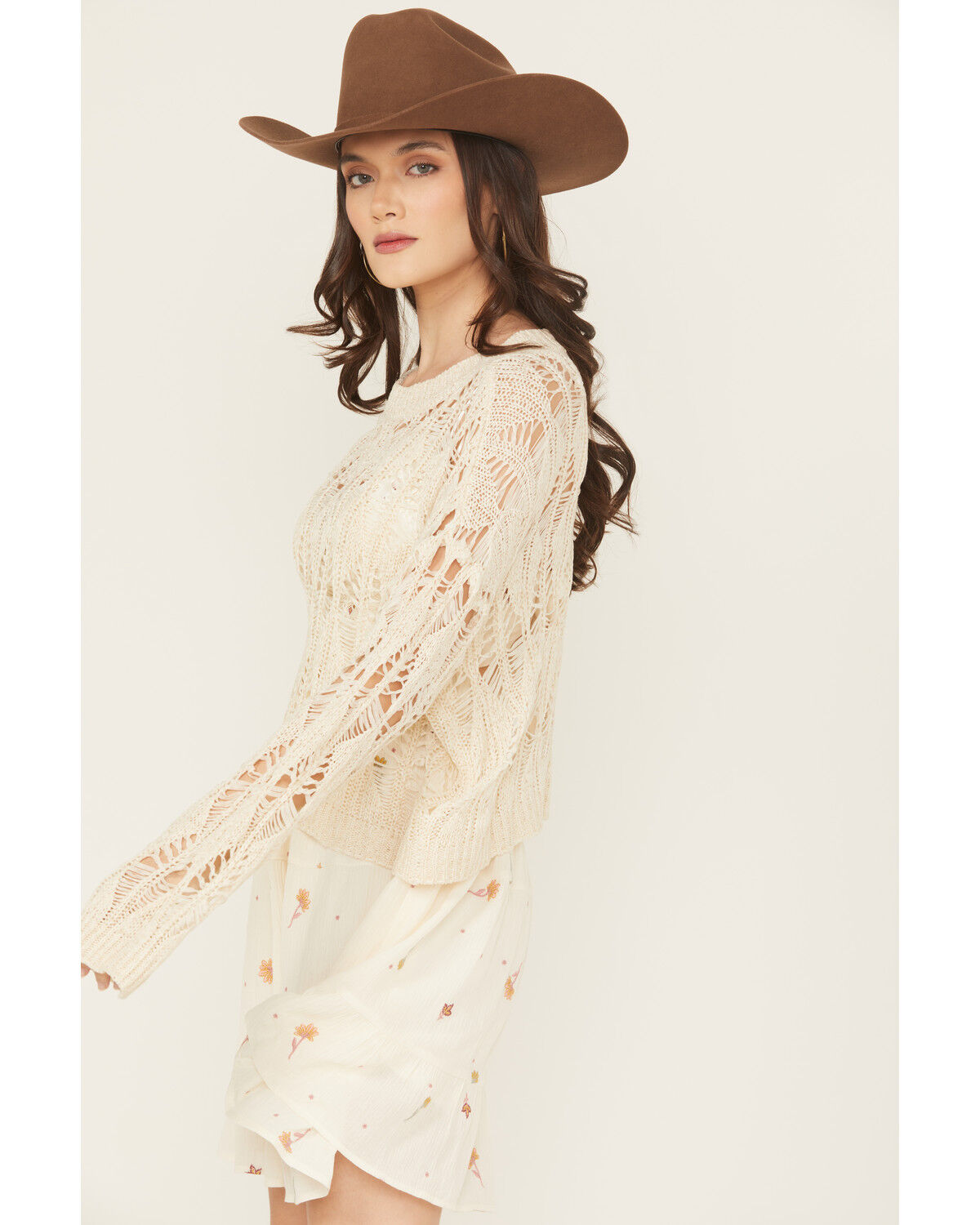 Image #2 - Rock & Roll Denim Women's Open Knit Sweater, Ivory, hi-res