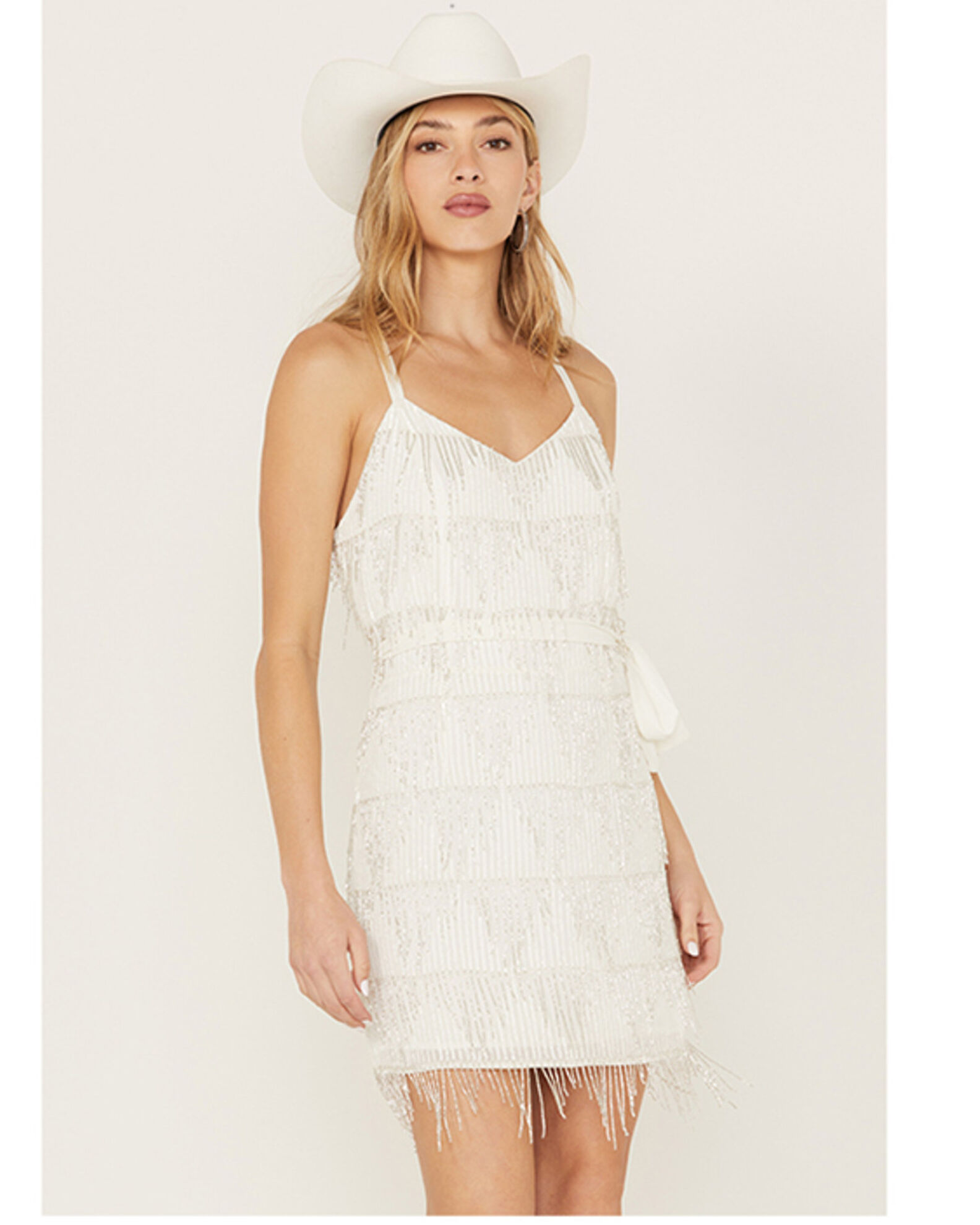 White beaded shop fringe dress