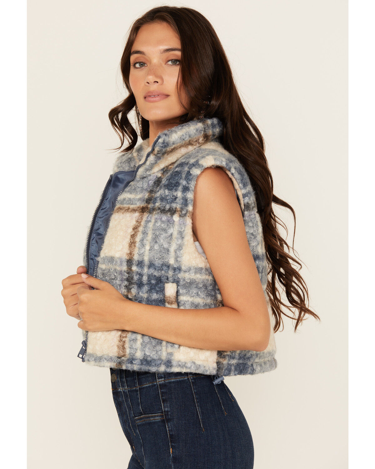 Image #2 - Stooch Women's Plaid Print Zip-Up Cropped Puffer Vest, Blue, hi-res