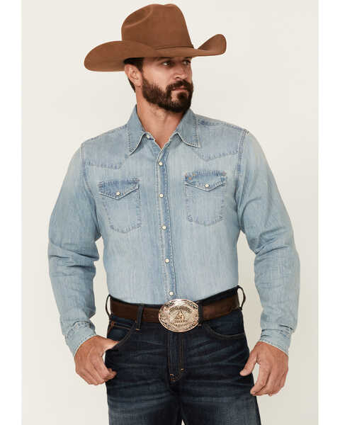 Stetson Men's Light Wash Denim Long Sleeve Snap Western Shirt , Blue, hi-res