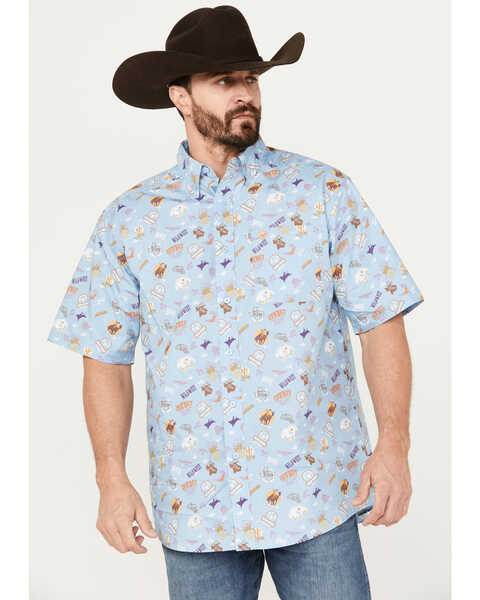 Image #1 - Ariat Men's Mauricio Print Classic Fit Short Sleeve Button-Down Western Shirt, Light Blue, hi-res