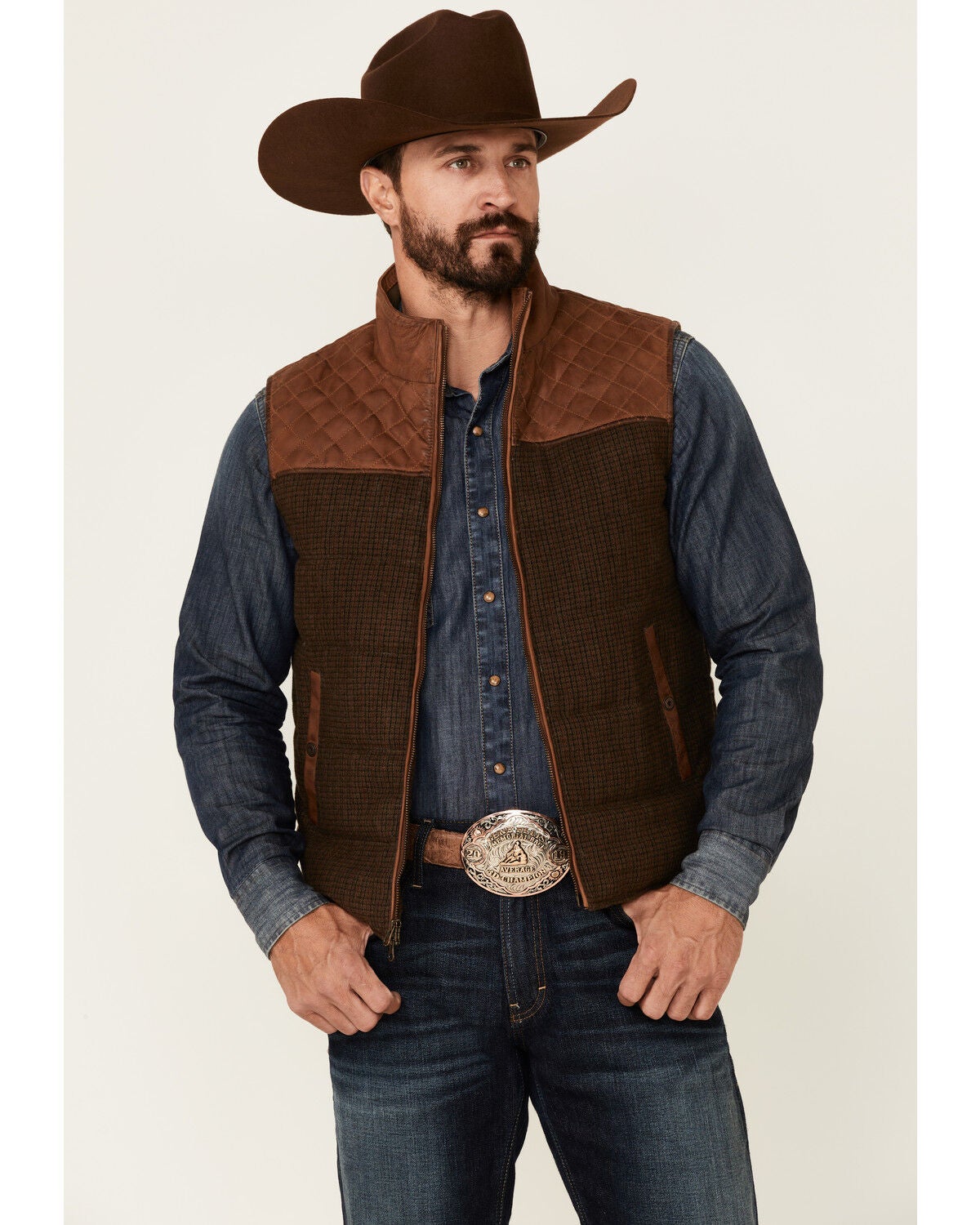 Image #1 - Scully Men's Vintage Brown Trimmed Leather Zip-Front Vest, Brown, hi-res