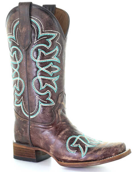 Circle G Women's Turquoise Embroidery Western Boots - Square Toe, Brown, hi-res