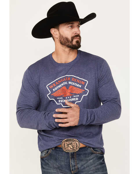Image #1 - Wrangler Men's Authentic Western Denim And Eagle Long Sleeve Graphic T-Shirt, Heather Blue, hi-res