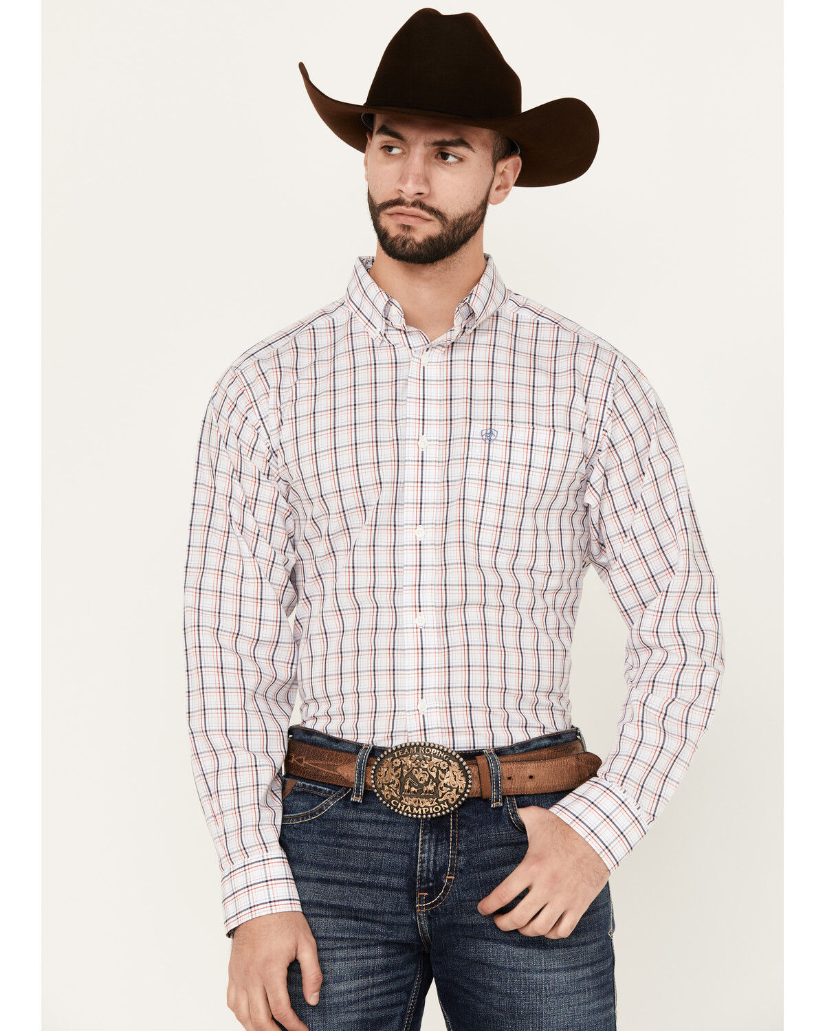 Image #1 - Ariat Men's Weston Windowpane Plaid Print Long Sleeve Button-Down Western Shirt, White, hi-res