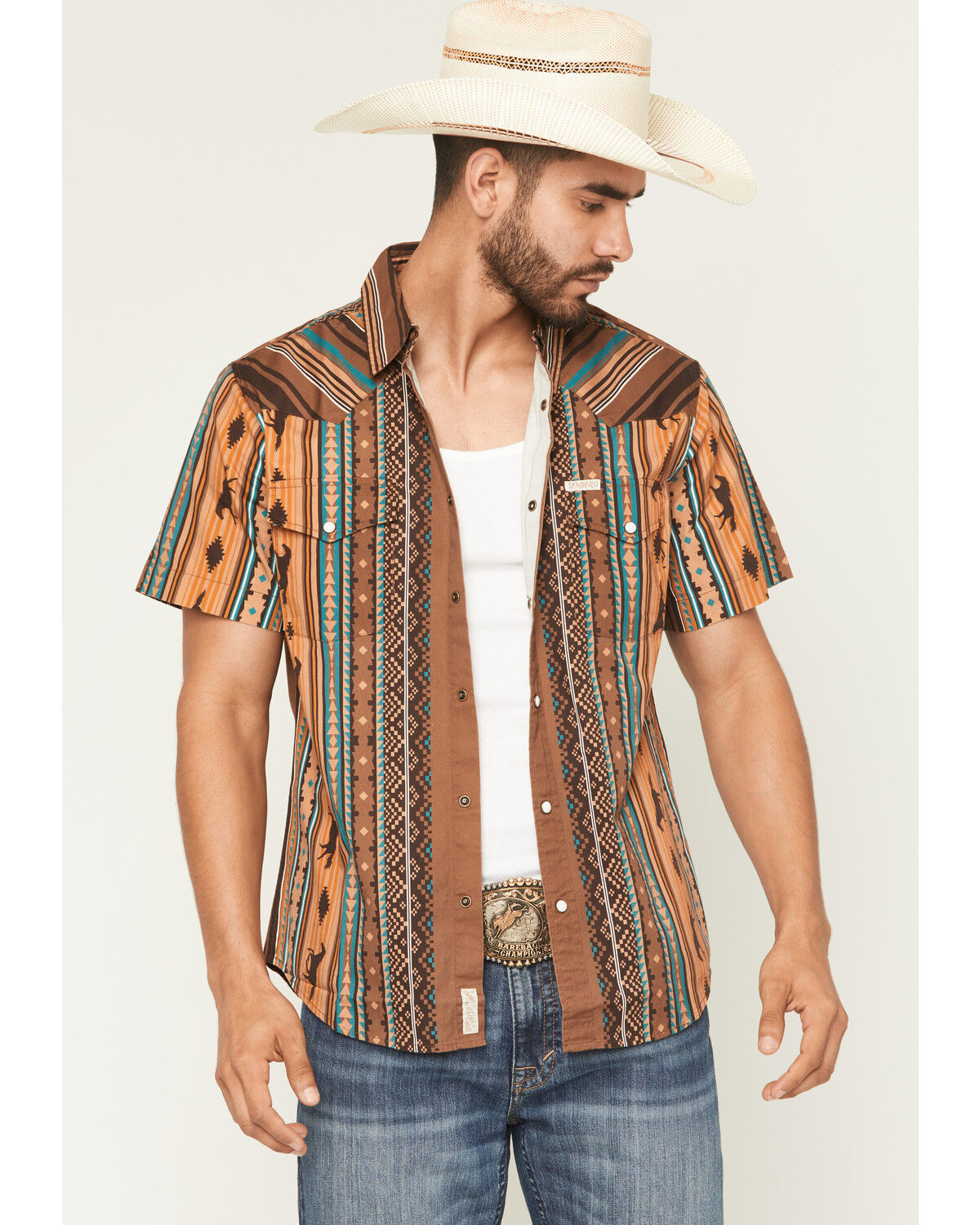 Image #1 - Sendero Provisions Men's Wyatt Southwestern Serape Striped Short Sleeve Snap Western Shirt, Brown, hi-res