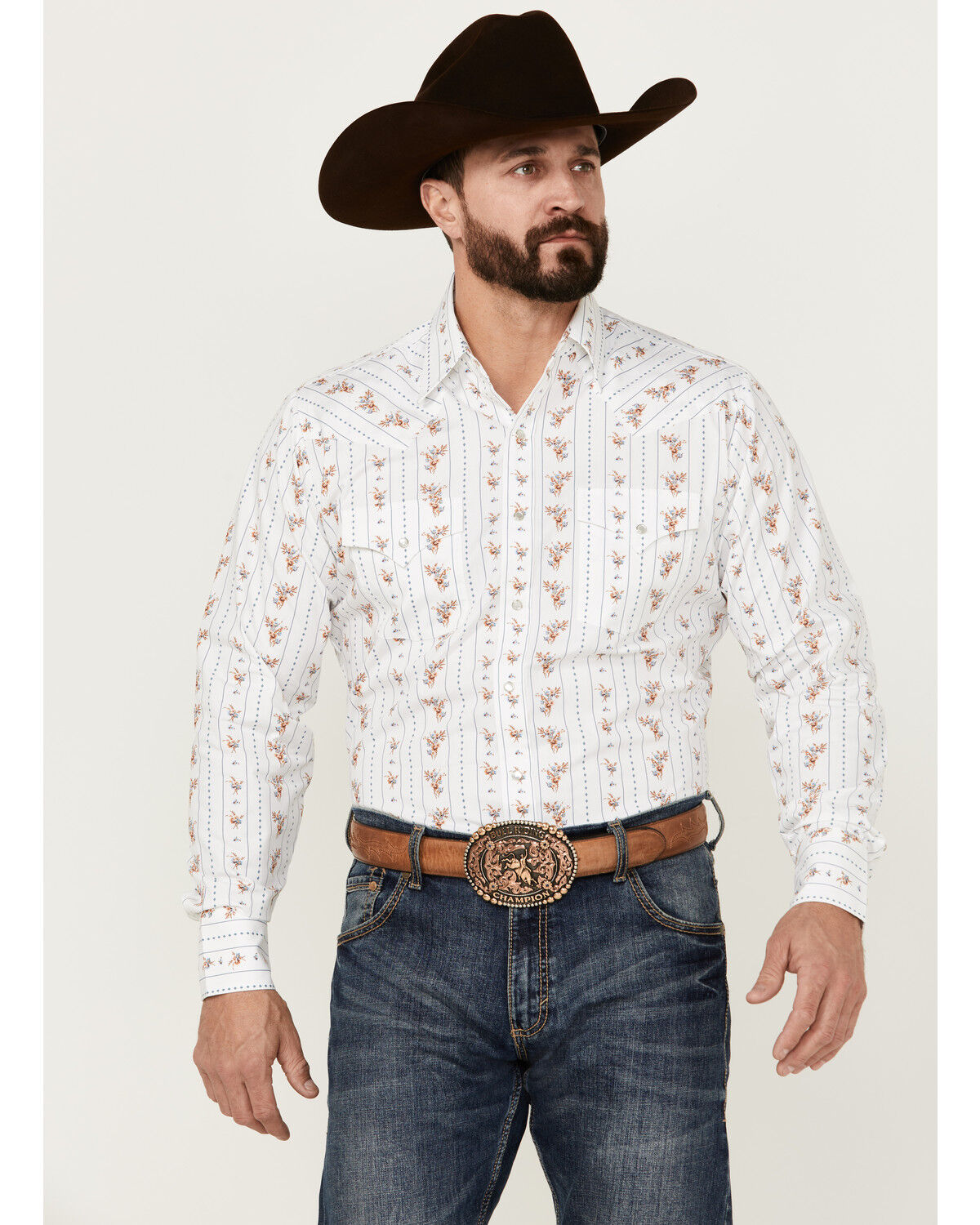 Image #1 - Ely Walker Men's Floral Striped Long Sleeve Pearl Snap Western Shirt, White, hi-res