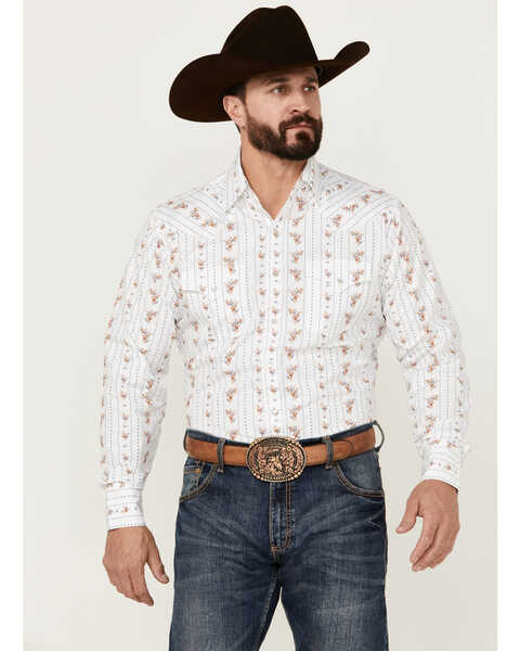 Ely Walker Men's Floral Striped Long Sleeve Pearl Snap Western Shirt , White, hi-res