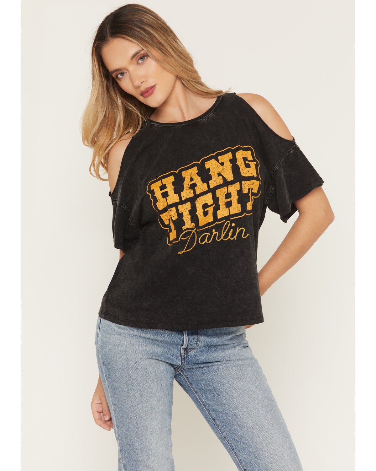 White Crow Women's Hang Tight Cold Shoulder Short Sleeve Graphic Tee, Black, hi-res