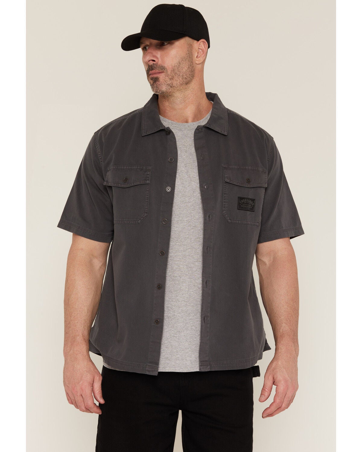 Thorogood Men's Solid Washed Garage Short Sleeve Button-Down Shirt, Charcoal, hi-res