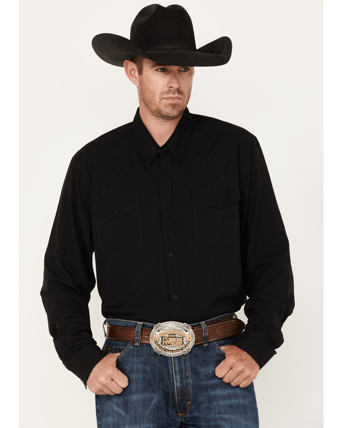 Image #1 - RANK 45® Men's Roughie Performance Long Sleeve Button-Down Shirt, Black, hi-res