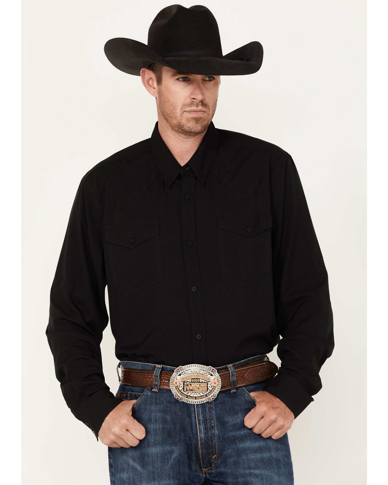 Image #1 - RANK 45® Men's Roughie Performance Long Sleeve Button-Down Shirt, Black, hi-res