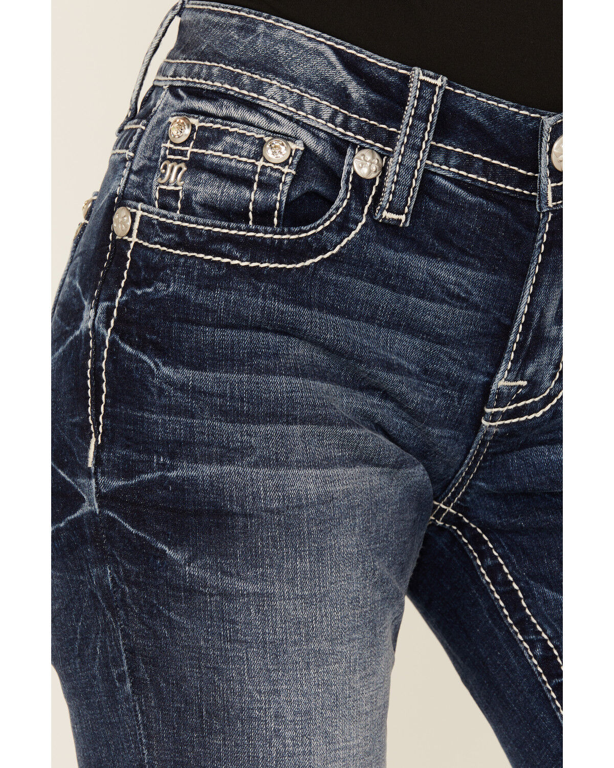 Image #4 - Miss Me Women's Dark Wash Mid Rise Steer Head Pocket Bootcut Stretch Denim Jeans, Dark Wash, hi-res