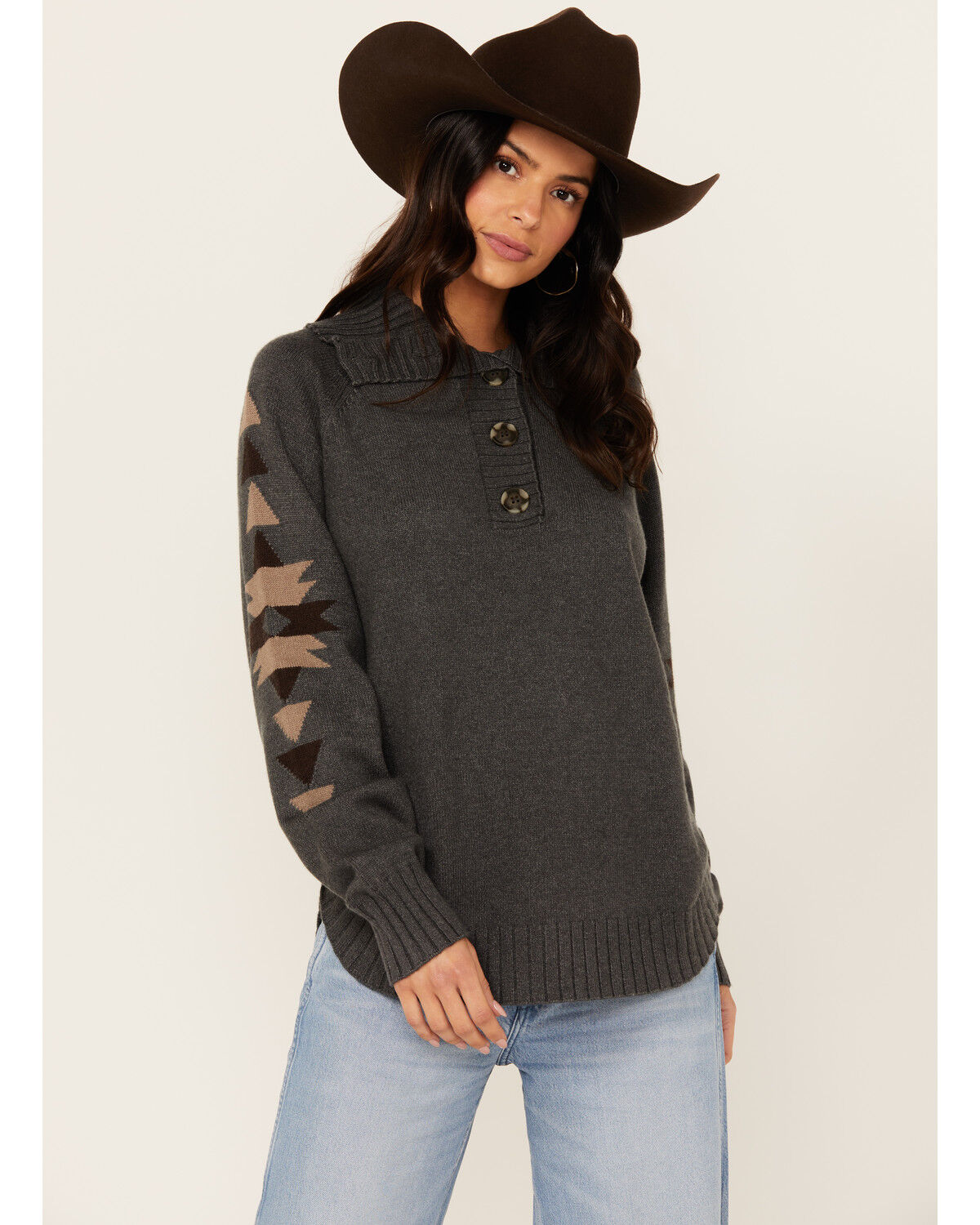 Image #1 - Ariat Women's Southwestern Elbow Sweater, Grey, hi-res