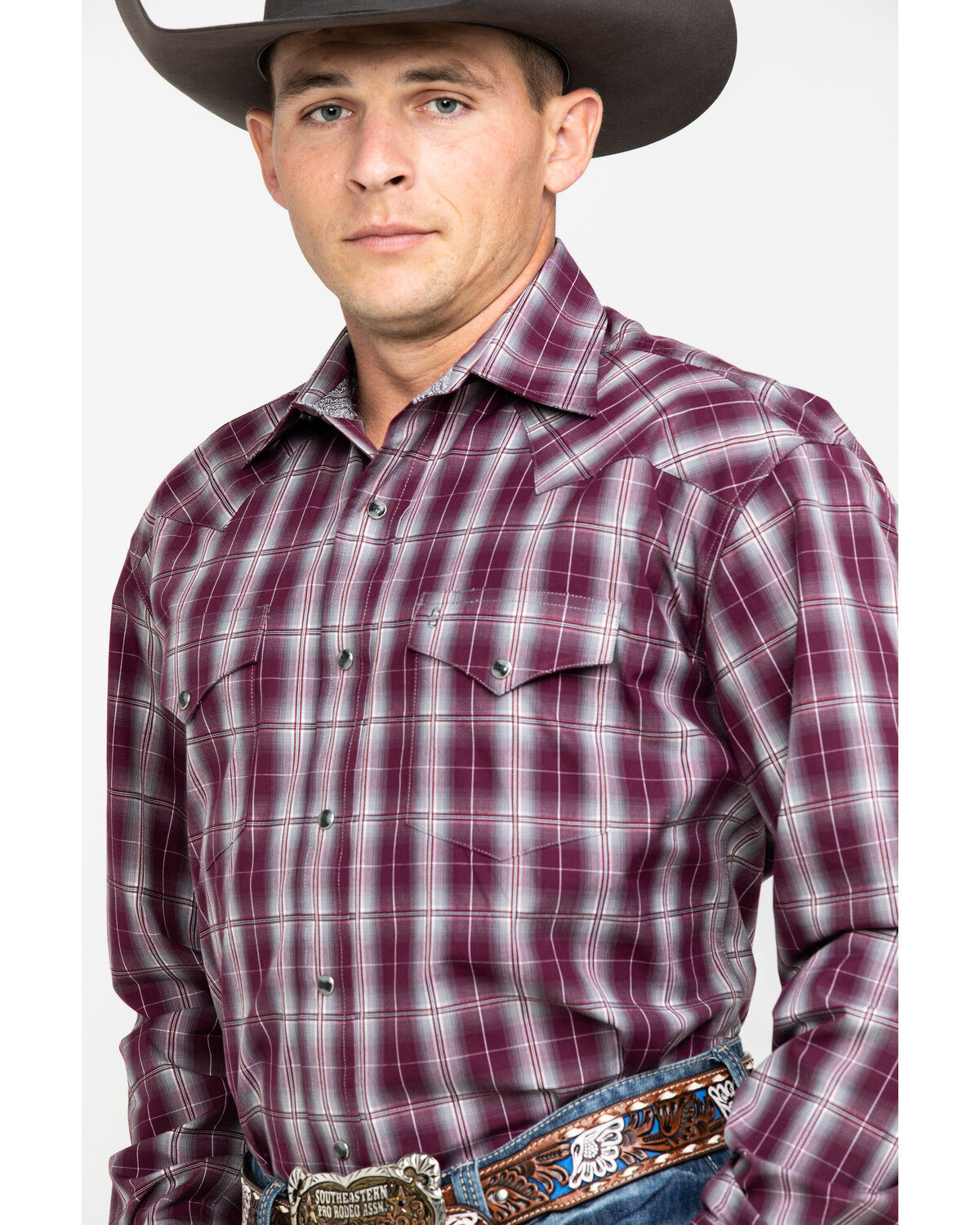Image #3 - Stetson Men's Cedar Ombre Plaid Long Sleeve Western Shirt, Wine, hi-res