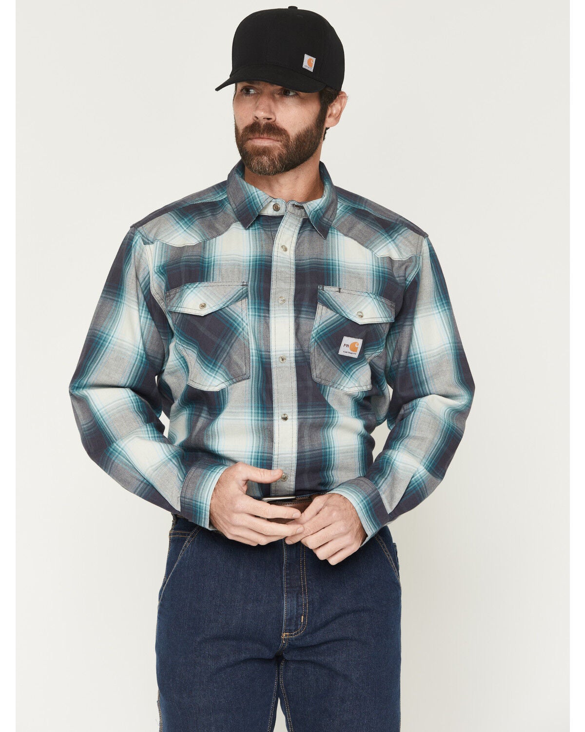 Carhartt Men's FR Montana Plaid Print Relaxed Fit Midweight Twill Long Sleeve Snap Work Shirt, Navy, hi-res