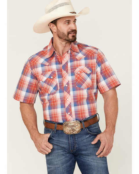 Wrangler Retro Men's Plaid Print Short Sleeve Snap Western Shirt , Red, hi-res