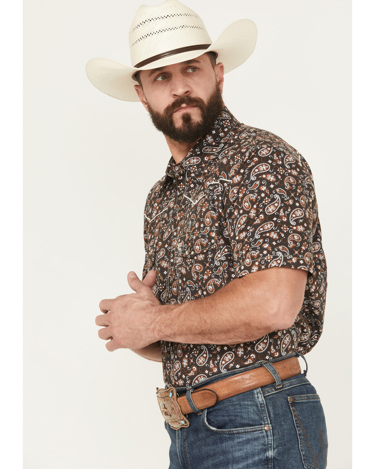 Image #2 - Cowboy Hardware Men's Paisley Print Short Sleeve Snap Stretch Western Shirt, Black, hi-res