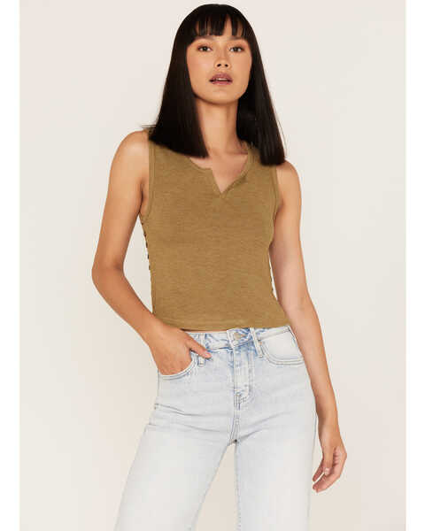 Image #1 - Cleo + Wolf Women's Relaxed Side Button Tank Top, Green/brown, hi-res