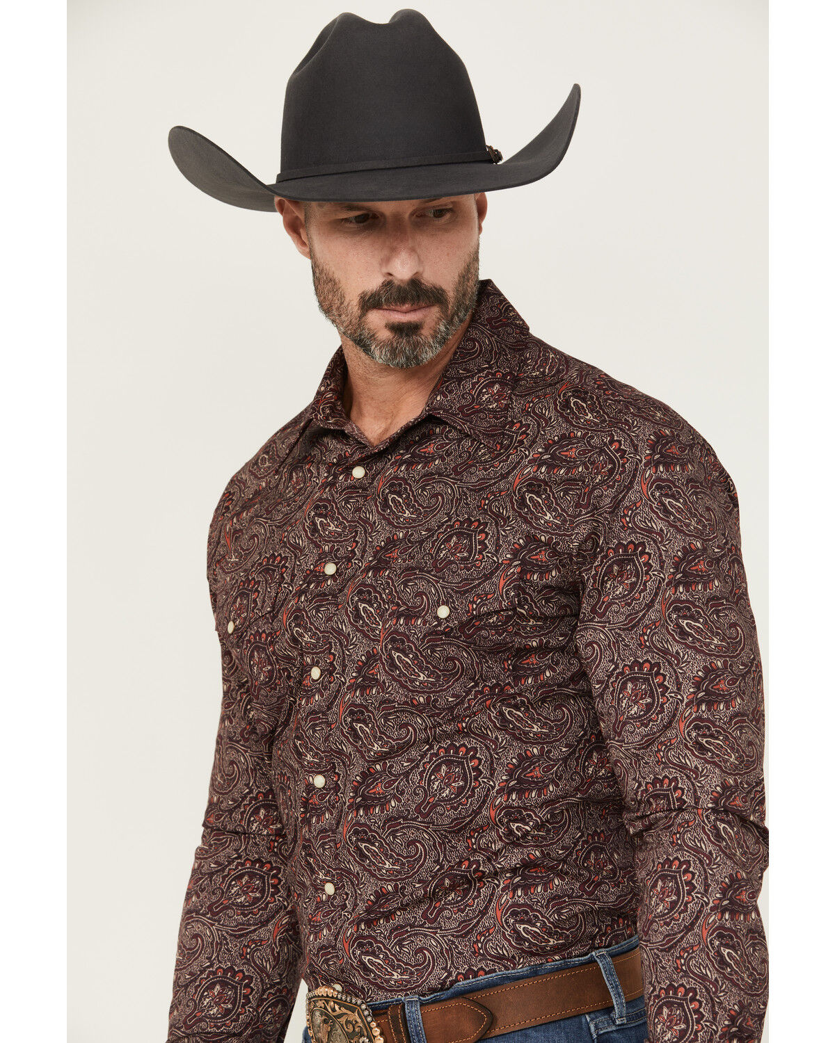 Image #2 - Rock & Roll Denim Men's Paisley Print Long Sleeve Snap Stretch Western Shirt, Burgundy, hi-res