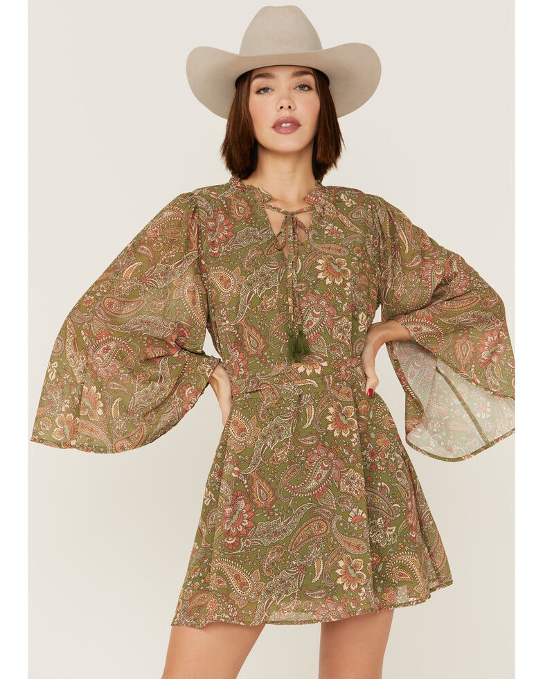 Flying Tomato Women's Saying Goodbye Olive Paisley Woven Mini Dress, Olive, hi-res