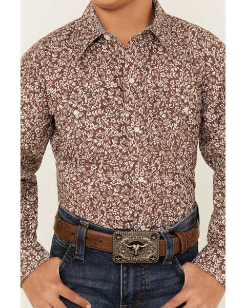 Image #3 - Roper Boys' Floral Print Long Sleeve Western Peal Snap Shirt, Brown, hi-res