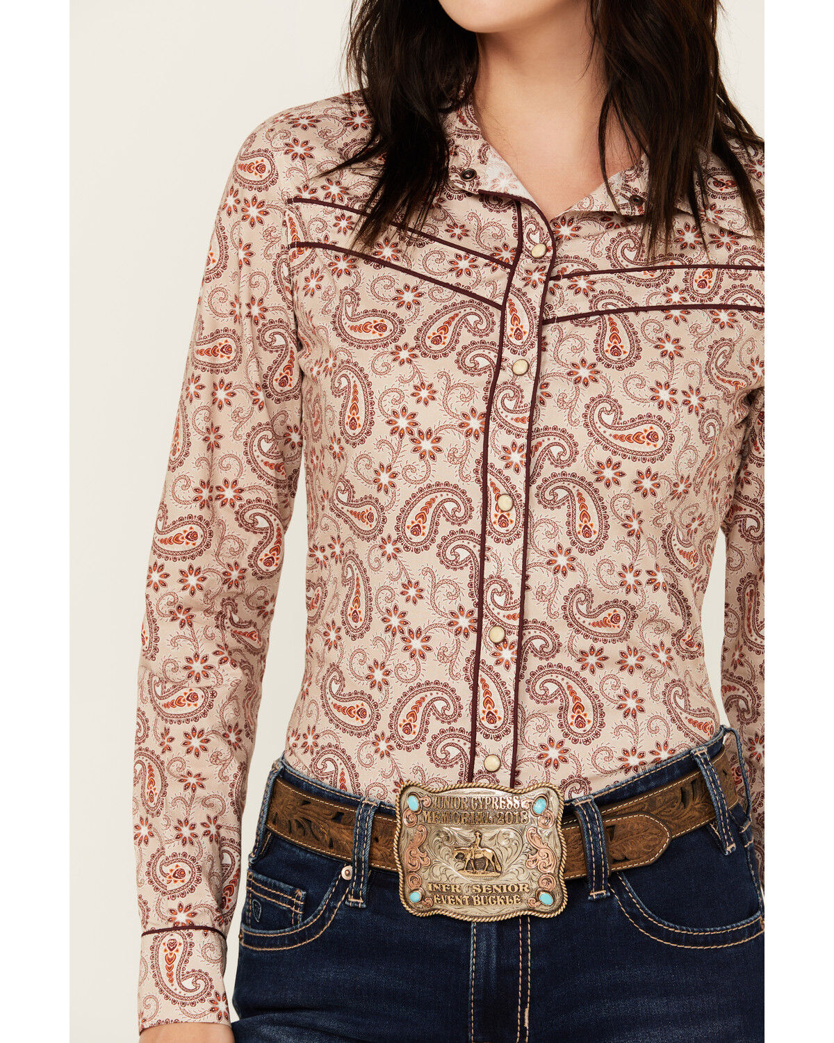 Image #3 - Rock & Roll Denim Women's Paisley Print Double Piping Long Sleeve Snap Western Shirt, Red, hi-res