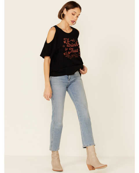 Image #2 - White Crow Women's I'll Drink To That Graphic Short Sleeve Cold Shoulder Top , Black, hi-res
