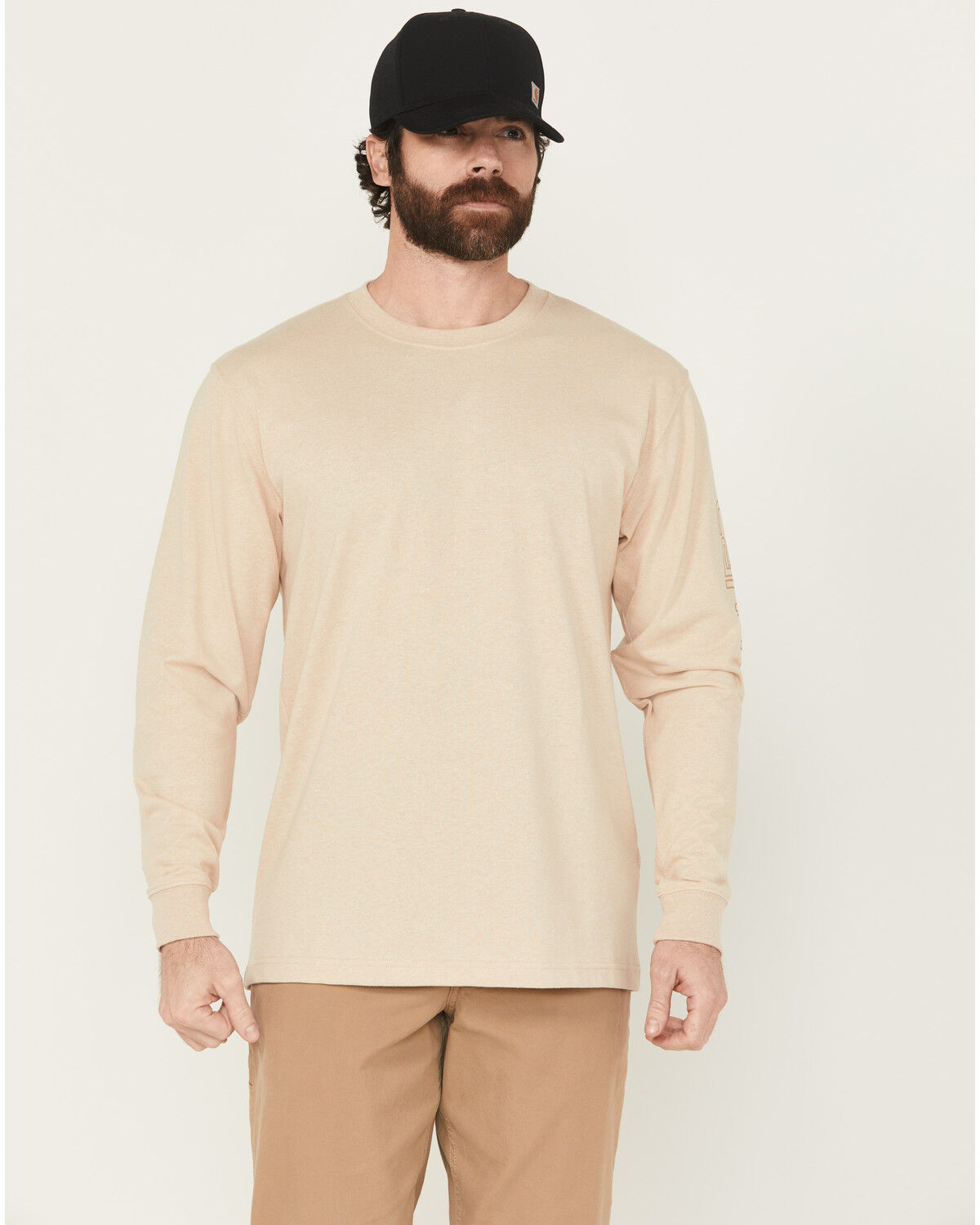 Image #1 - Carhartt Men's Loose Fit Heavyweight Logo Long Sleeve Graphic Work T-Shirt, Cream, hi-res