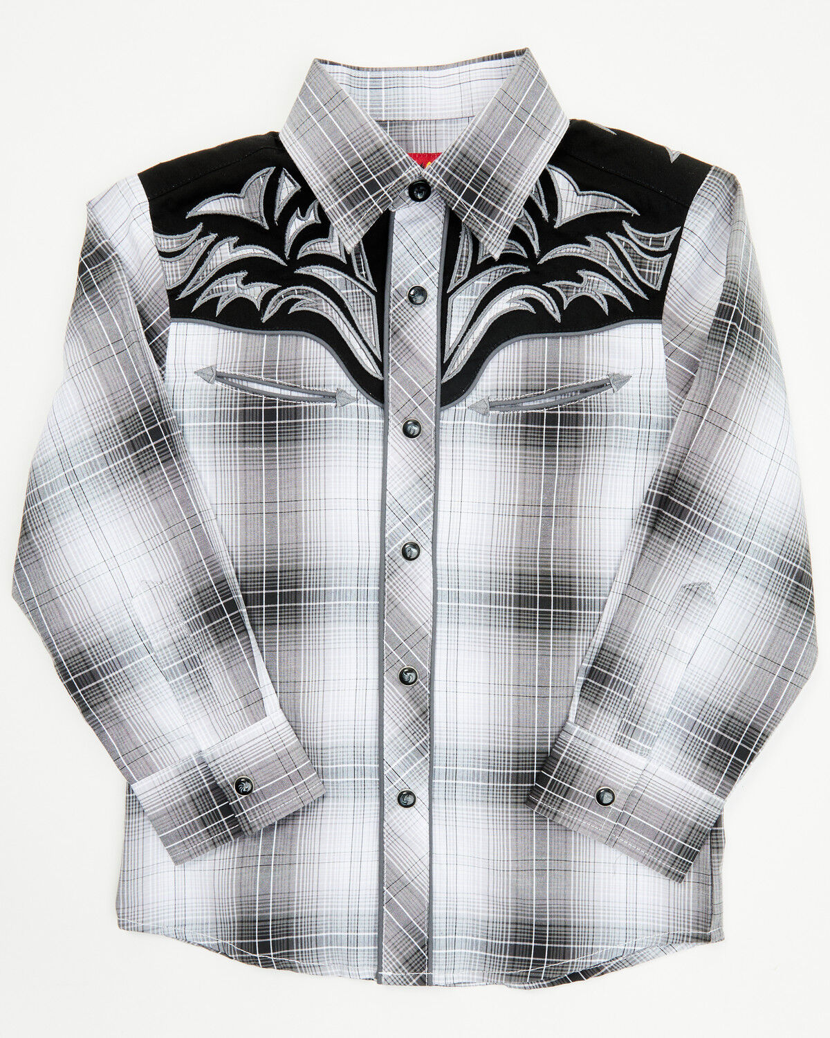 Image #1 - Rodeo Clothing Boys' Plaid Print Embroidered Long Sleeve Snap Western Shirt, Black/white, hi-res