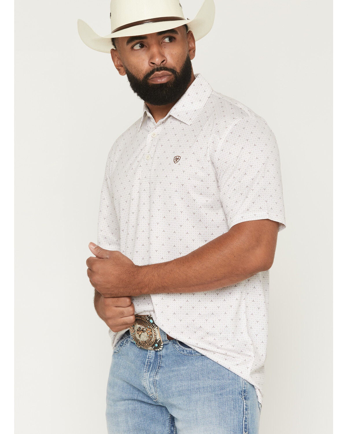 Image #2 - Ariat Men's Steer Print Short Sleeve Polo, White, hi-res