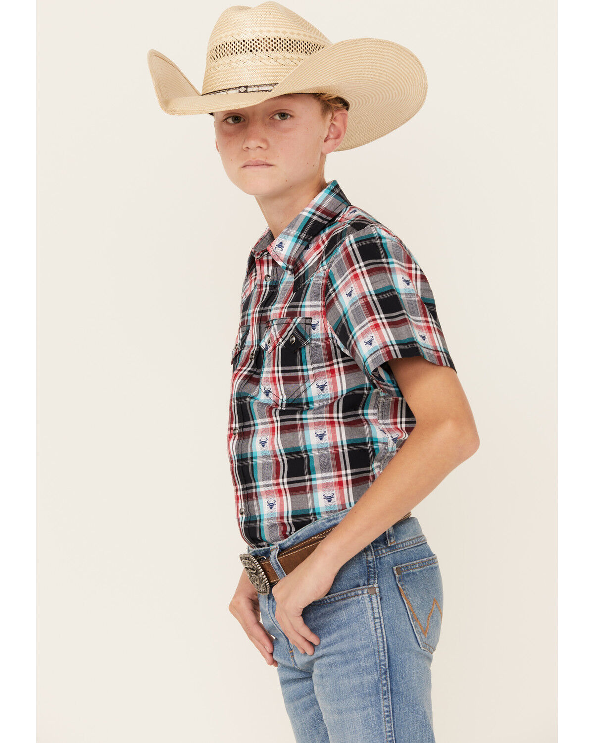 Image #2 - Cody James Boys' Steerhead Plaid Print Short Sleeve Snap Western Shirt, Navy, hi-res