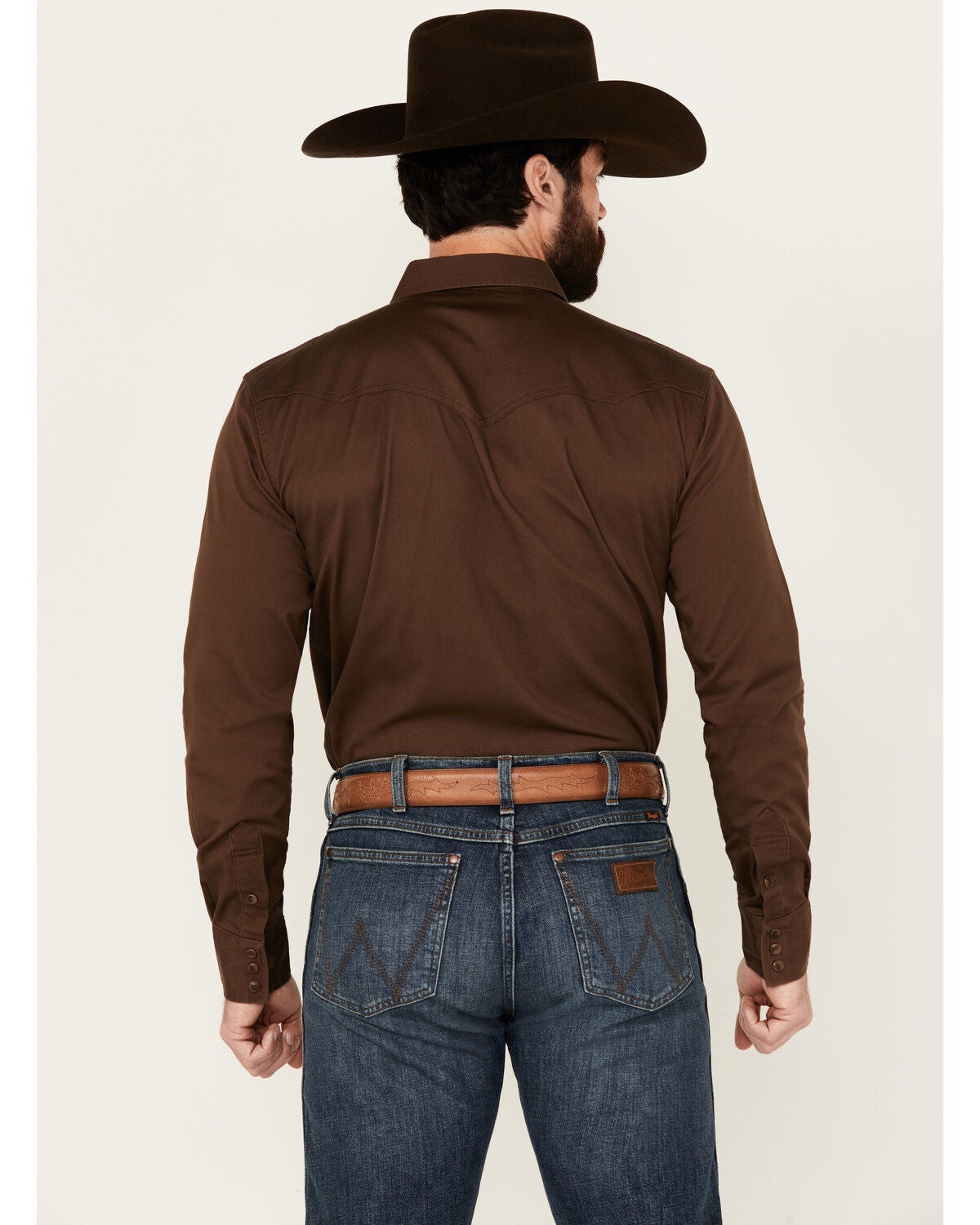 Image #4 - Blue Ranchwear Men's Rustler Solid Twill Long Sleeve Snap Western Shirt, Brown, hi-res